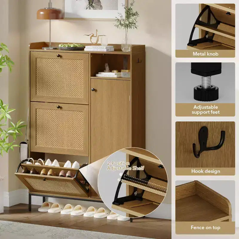 Rattan Shoe Cabinet with 3 Flip Drawers, Hidden Shoe Storage Cabinet, Wooden Narrow 4 Tier Shoe Organizer for Entryway Hallway Living Room