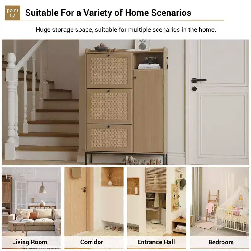 Rattan Shoe Cabinet with 3 Flip Drawers, Hidden Shoe Storage Cabinet, Wooden Narrow 4 Tier Shoe Organizer for Entryway Hallway Living Room