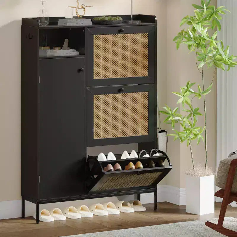 Rattan Shoe Cabinet with 3 Flip Drawers, Hidden Shoe Storage Cabinet, Wooden Narrow 4 Tier Shoe Organizer for Entryway Hallway Living Room