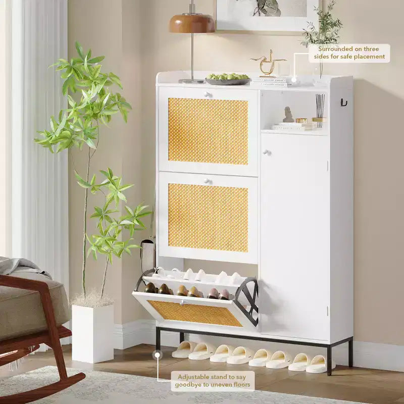 Rattan Shoe Cabinet with 3 Flip Drawers, Hidden Shoe Storage Cabinet, Wooden Narrow 4 Tier Shoe Organizer for Entryway Hallway Living Room