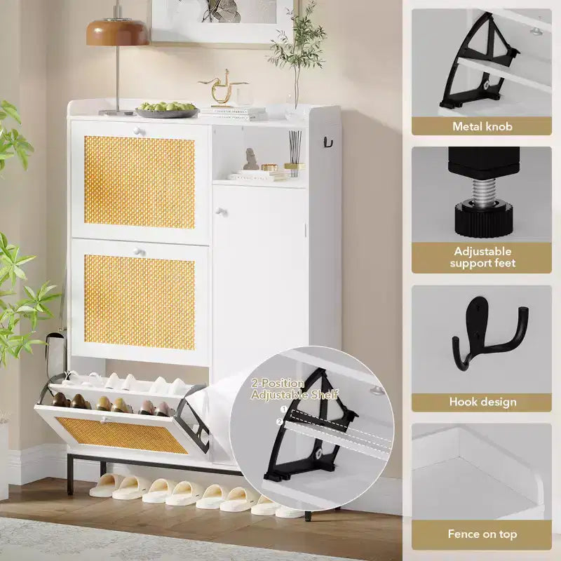 Rattan Shoe Cabinet with 3 Flip Drawers, Hidden Shoe Storage Cabinet, Wooden Narrow 4 Tier Shoe Organizer for Entryway Hallway Living Room