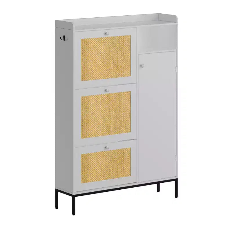 Rattan Shoe Cabinet with 3 Flip Drawers, Hidden Shoe Storage Cabinet, Wooden Narrow 4 Tier Shoe Organizer for Entryway Hallway Living Room