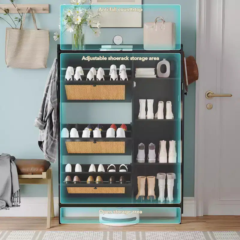 Rattan Shoe Cabinet with 3 Flip Drawers, Hidden Shoe Storage Cabinet, Wooden Narrow 4 Tier Shoe Organizer for Entryway Hallway Living Room