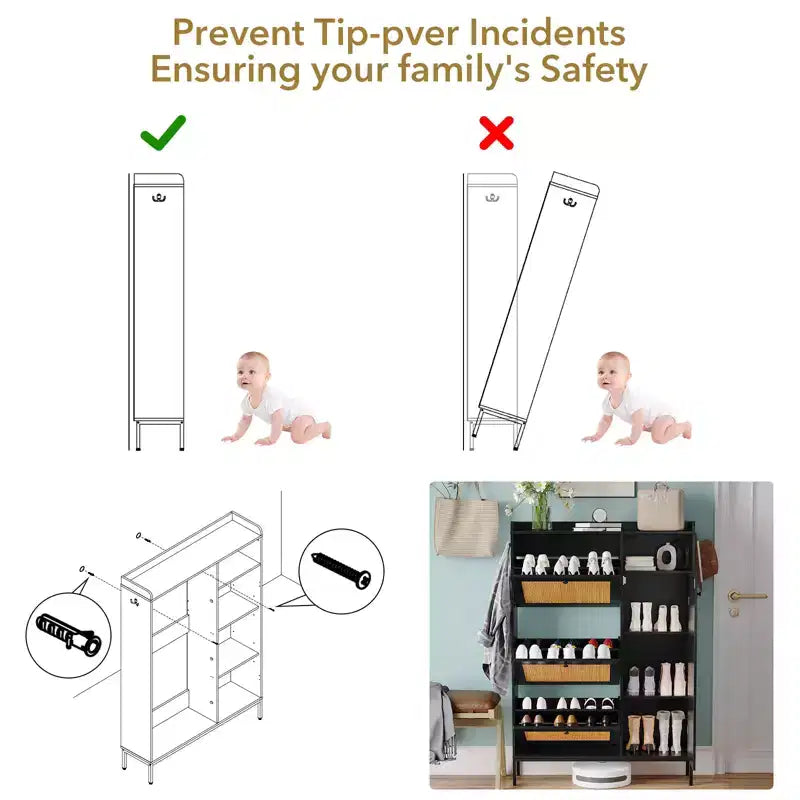 Rattan Shoe Cabinet with 3 Flip Drawers, Hidden Shoe Storage Cabinet, Wooden Narrow 4 Tier Shoe Organizer for Entryway Hallway Living Room
