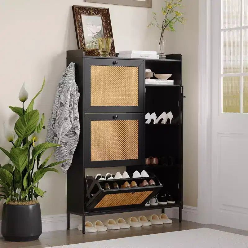 Rattan Shoe Cabinet with 3 Flip Drawers, Hidden Shoe Storage Cabinet, Wooden Narrow 4 Tier Shoe Organizer for Entryway Hallway Living Room