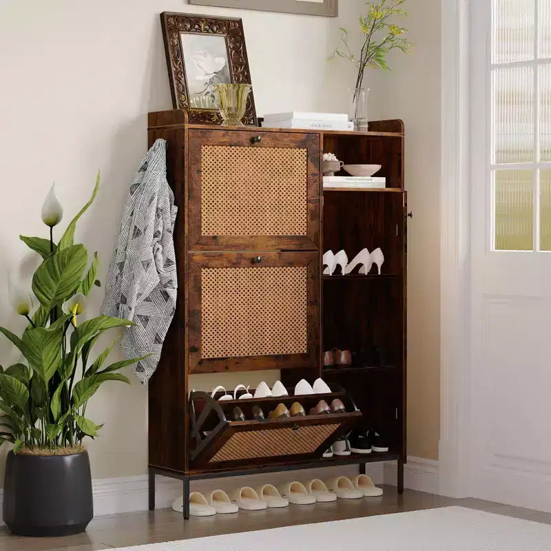 Rattan Shoe Cabinet with 3 Flip Drawers, Hidden Shoe Storage Cabinet, Wooden Narrow 4 Tier Shoe Organizer for Entryway Hallway Living Room