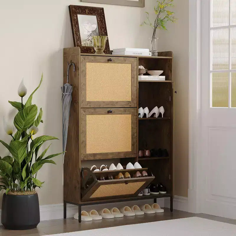 Rattan Shoe Cabinet with 3 Flip Drawers, Hidden Shoe Storage Cabinet, Wooden Narrow 4 Tier Shoe Organizer for Entryway Hallway Living Room