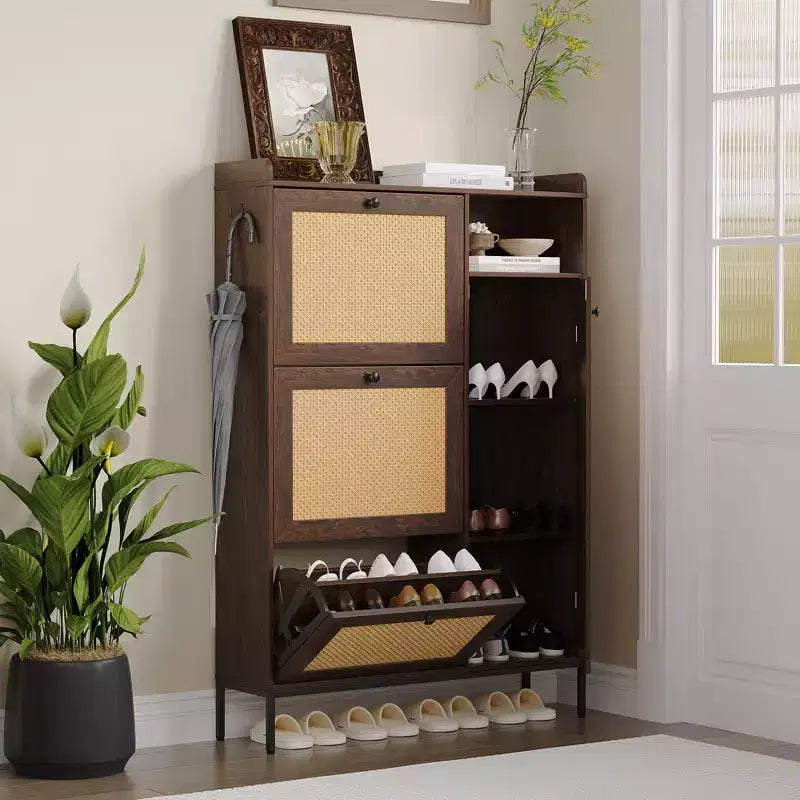 Rattan Shoe Cabinet with 3 Flip Drawers, Hidden Shoe Storage Cabinet, Wooden Narrow 4 Tier Shoe Organizer for Entryway Hallway Living Room