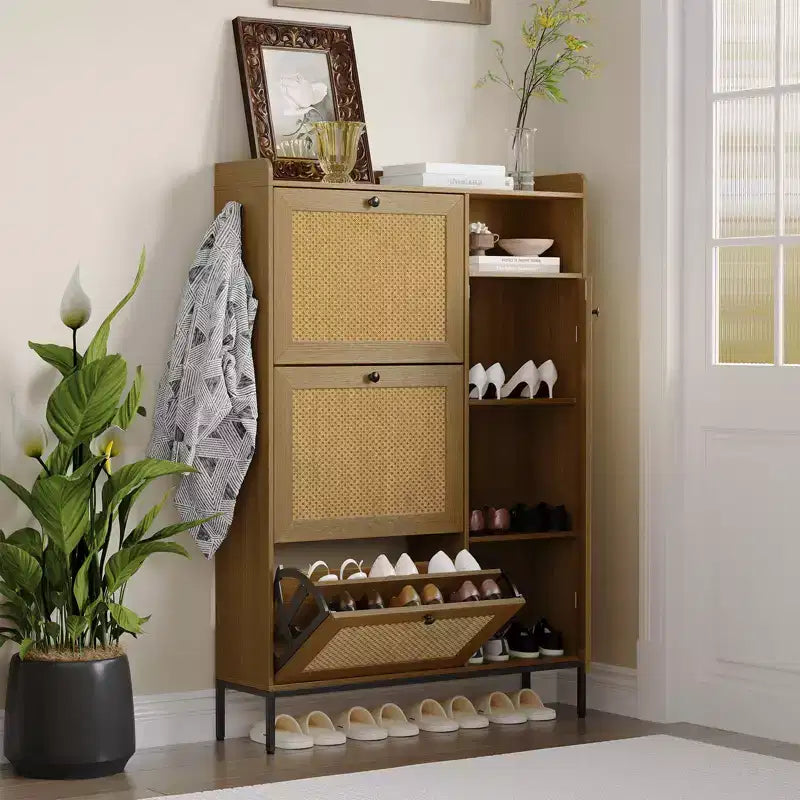 Rattan Shoe Cabinet with 3 Flip Drawers, Hidden Shoe Storage Cabinet, Wooden Narrow 4 Tier Shoe Organizer for Entryway Hallway Living Room