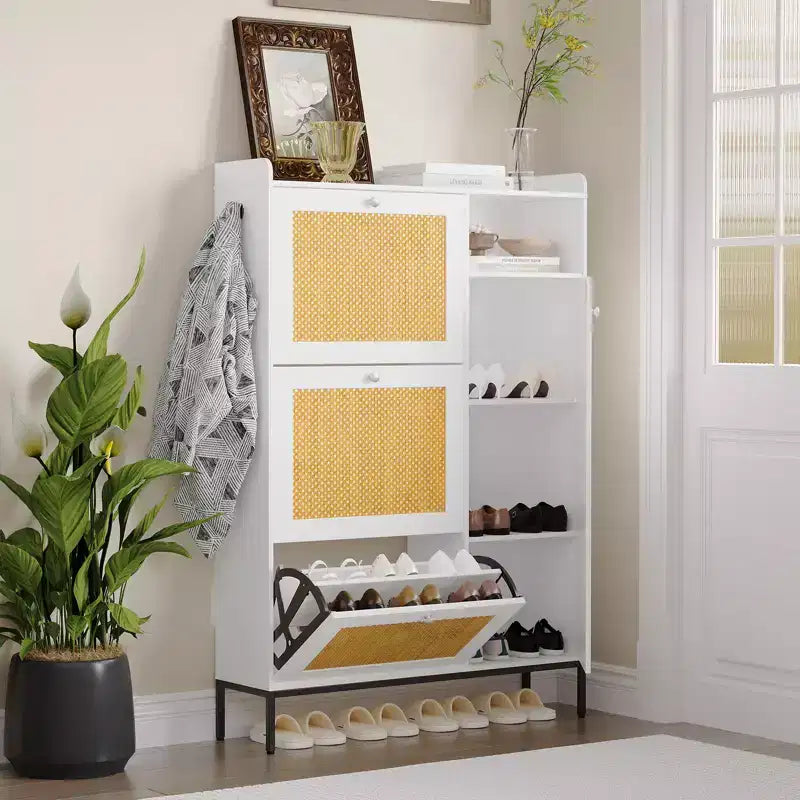 Rattan Shoe Cabinet with 3 Flip Drawers, Hidden Shoe Storage Cabinet, Wooden Narrow 4 Tier Shoe Organizer for Entryway Hallway Living Room
