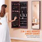 Mirror Jewelry Cabinet, 47.05-Inch Tall Lockable Jewelry Cabinet Armoire with Full-Length Mirror, Wall or Door Mounted Jewelry Mirror, Brown