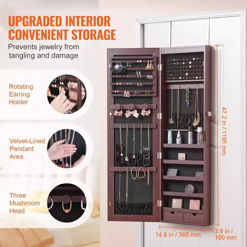 Mirror Jewelry Cabinet, 47.05-Inch Tall Lockable Jewelry Cabinet Armoire with Full-Length Mirror, Wall or Door Mounted Jewelry Mirror, Brown