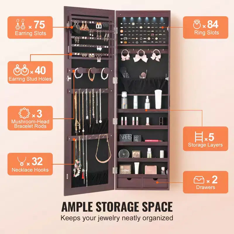 Mirror Jewelry Cabinet, 47.05-Inch Tall Lockable Jewelry Cabinet Armoire with Full-Length Mirror, Wall or Door Mounted Jewelry Mirror, Brown