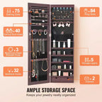 Mirror Jewelry Cabinet, 47.05-Inch Tall Lockable Jewelry Cabinet Armoire with Full-Length Mirror, Wall or Door Mounted Jewelry Mirror, Brown