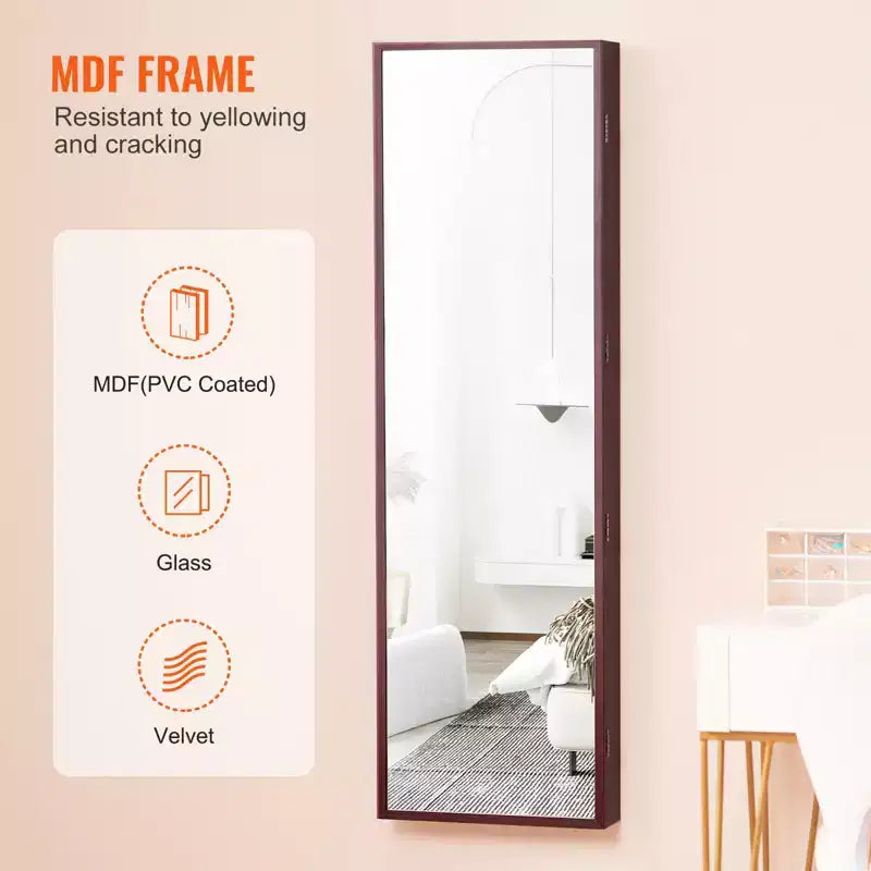 Mirror Jewelry Cabinet, 47.05-Inch Tall Lockable Jewelry Cabinet Armoire with Full-Length Mirror, Wall or Door Mounted Jewelry Mirror, Brown