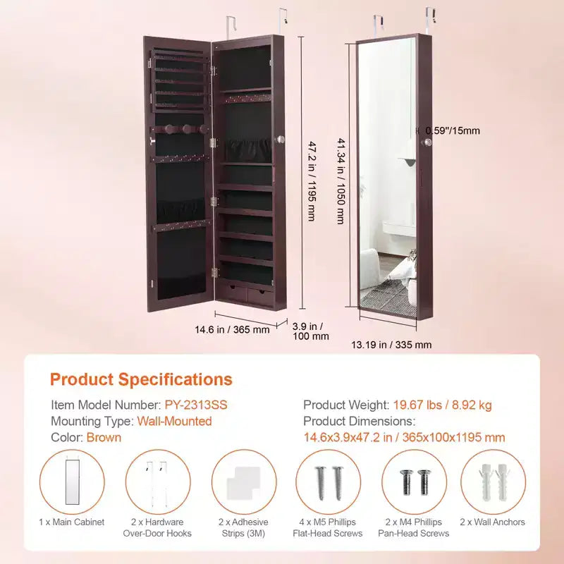 Mirror Jewelry Cabinet, 47.05-Inch Tall Lockable Jewelry Cabinet Armoire with Full-Length Mirror, Wall or Door Mounted Jewelry Mirror, Brown