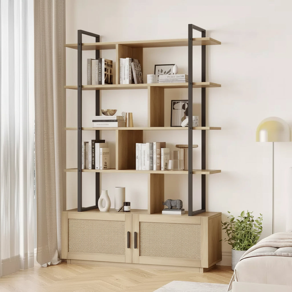 5 Tier Rattan Bookshelf, 71.1 Open Bookcase with Cabinet, Freestanding Display Rack with Metal Frame, Open Storage Rack for Bedroom