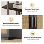 5 Tier Rattan Bookshelf, 71.1 Open Bookcase with Cabinet, Freestanding Display Rack with Metal Frame, Open Storage Rack for Bedroom