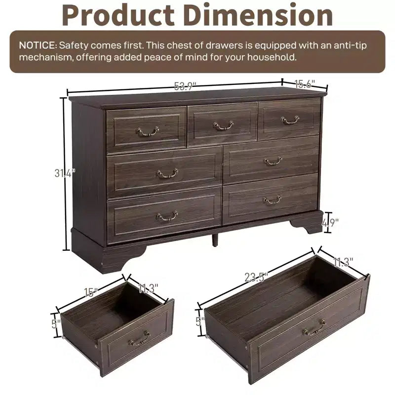 7-Drawer Brown MDF (Medium-Density Fiberboard) 53.94in. W Chest of Drawer