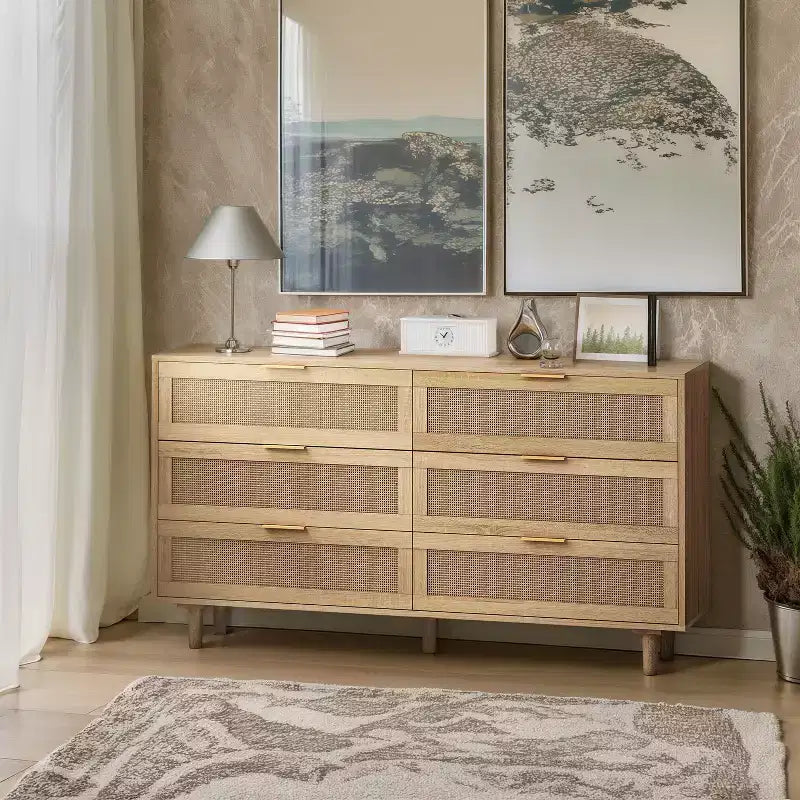 6 Drawers Rattan Storage Cabinet for Bedroom Living Room Natural