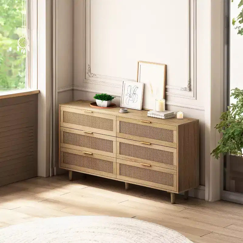 6 Drawers Rattan Storage Cabinet for Bedroom Living Room Natural