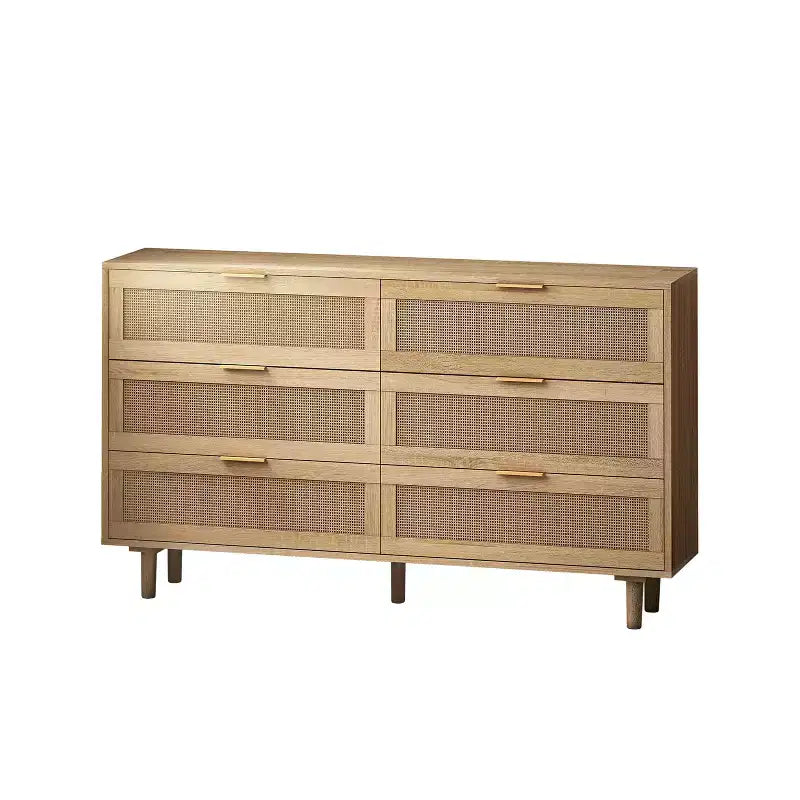 6 Drawers Rattan Storage Cabinet for Bedroom Living Room Natural