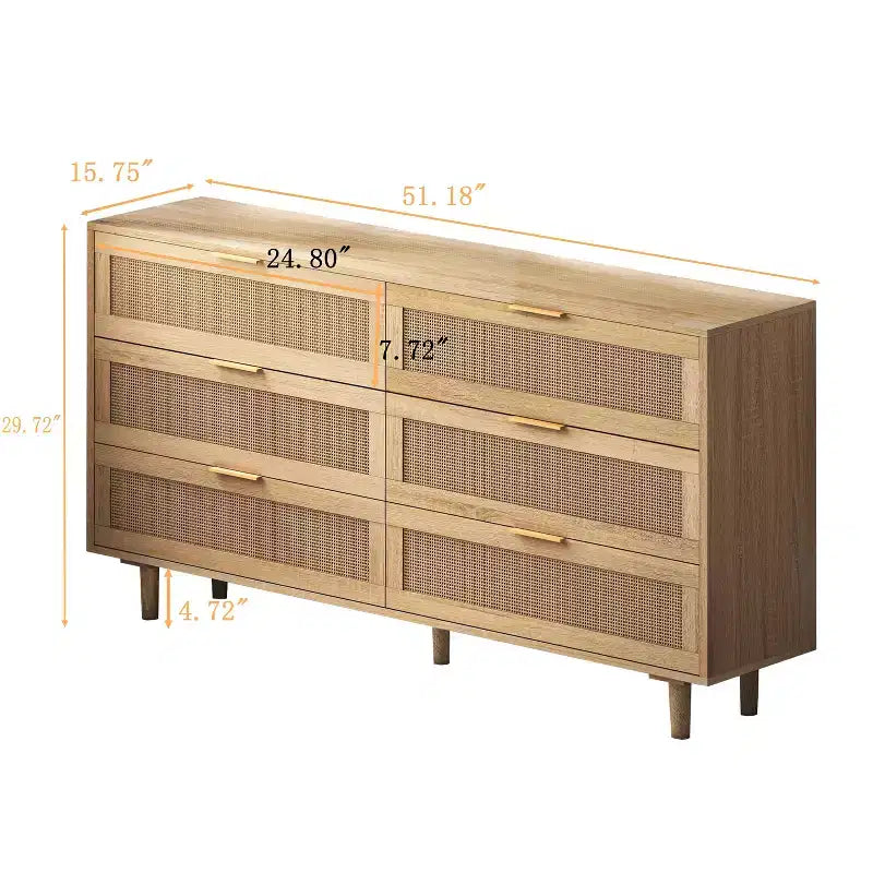 6 Drawers Rattan Storage Cabinet for Bedroom Living Room Natural