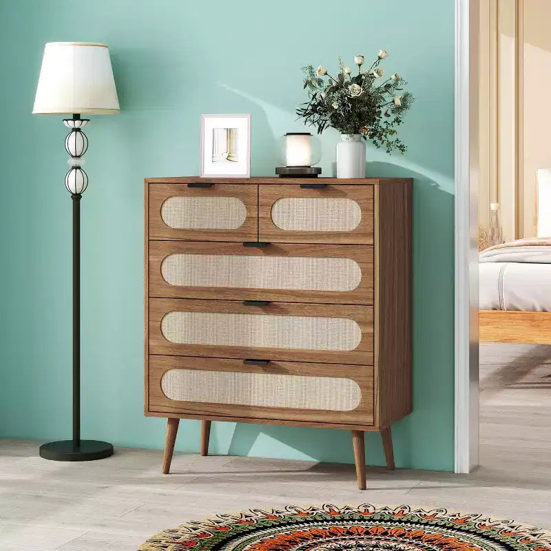 5 Drawers Cabinets Accent Storage Cabinet for Living Room Bedroom Dining Room Walnut