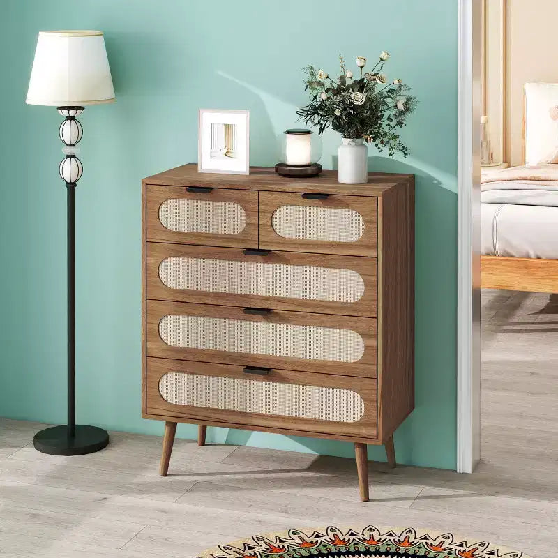 5 Drawers Cabinets Accent Storage Cabinet for Living Room Bedroom Dining Room Walnut