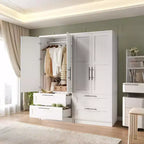 Wooden Armoire Wardrobe Closet with 2 Drawers, 70 Tall Clothing Storage Cabinet with 2 Doors, Modern Bedroom Clothing Armoires with Hanging Rods