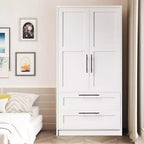 Wooden Armoire Wardrobe Closet with 2 Drawers, 70 Tall Clothing Storage Cabinet with 2 Doors, Modern Bedroom Clothing Armoires with Hanging Rods