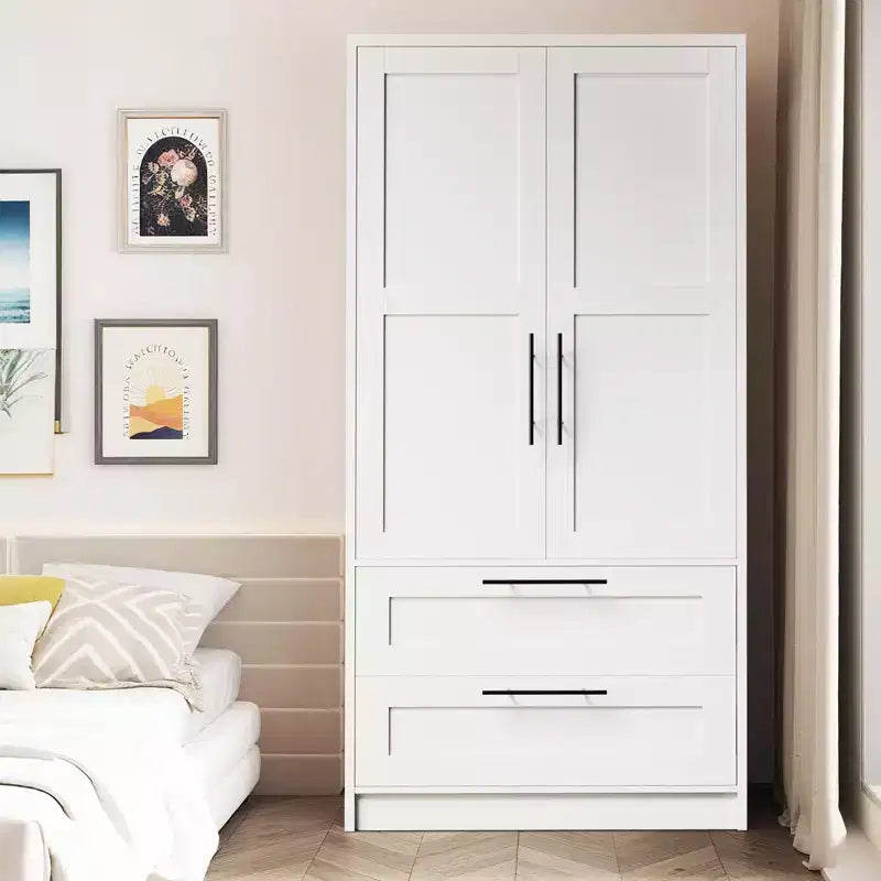 Wooden Armoire Wardrobe Closet with 2 Drawers, 70 Tall Clothing Storage Cabinet with 2 Doors, Modern Bedroom Clothing Armoires with Hanging Rods