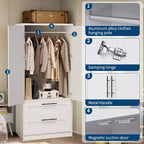 Wooden Armoire Wardrobe Closet with 2 Drawers, 70 Tall Clothing Storage Cabinet with 2 Doors, Modern Bedroom Clothing Armoires with Hanging Rods
