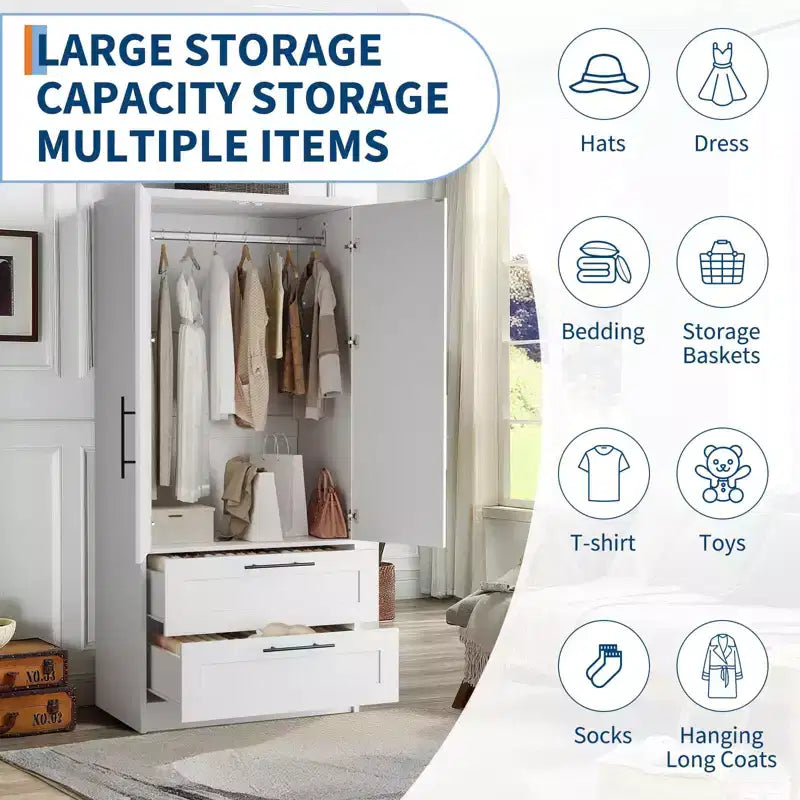 Wooden Armoire Wardrobe Closet with 2 Drawers, 70 Tall Clothing Storage Cabinet with 2 Doors, Modern Bedroom Clothing Armoires with Hanging Rods