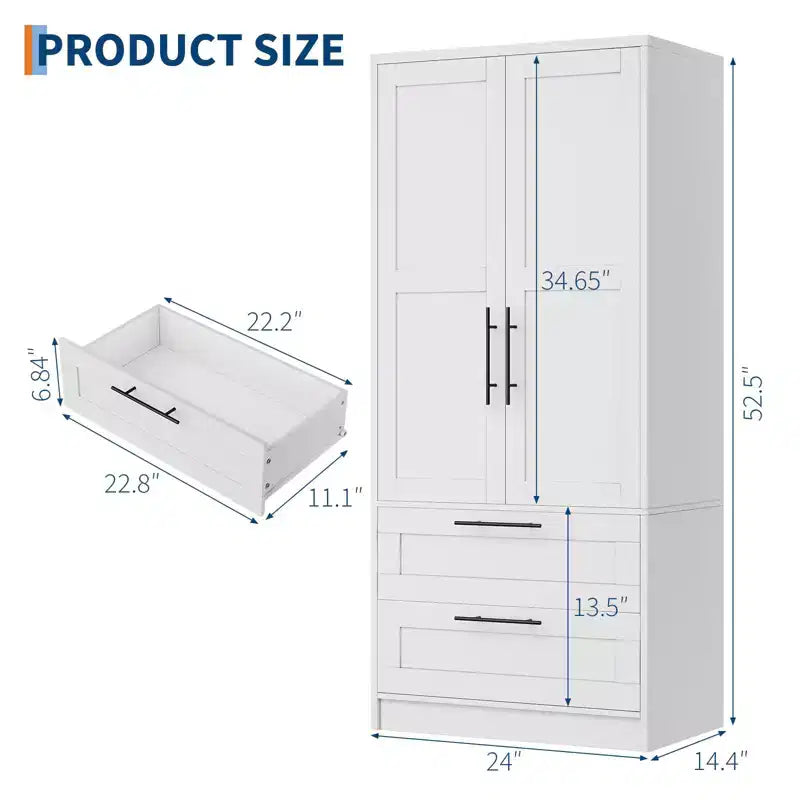Wooden Armoire Wardrobe Closet with 2 Drawers, 70 Tall Clothing Storage Cabinet with 2 Doors, Modern Bedroom Clothing Armoires with Hanging Rods