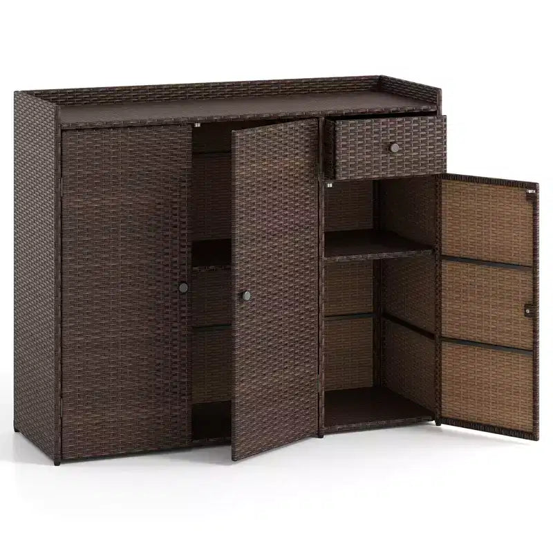 Outdoor PE Wicker Storage Cabinet with 3 Doors Adjustable Shelves and Drawer