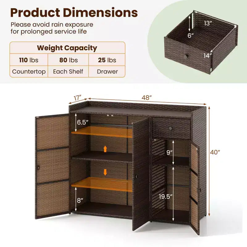 Outdoor PE Wicker Storage Cabinet with 3 Doors Adjustable Shelves and Drawer