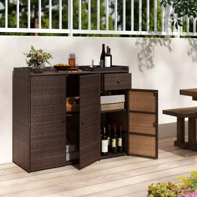 Outdoor PE Wicker Storage Cabinet with 3 Doors Adjustable Shelves and Drawer