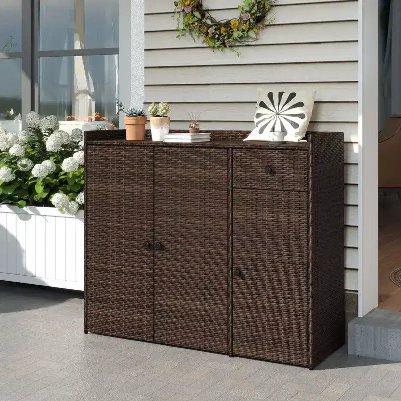 Outdoor PE Wicker Storage Cabinet with 3 Doors Adjustable Shelves and Drawer