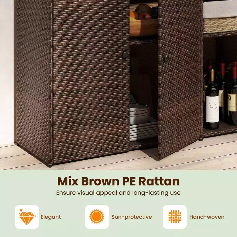 Outdoor PE Wicker Storage Cabinet with 3 Doors Adjustable Shelves and Drawer