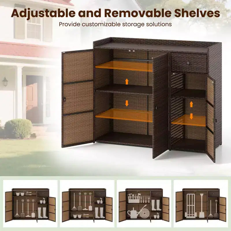 Outdoor PE Wicker Storage Cabinet with 3 Doors Adjustable Shelves and Drawer