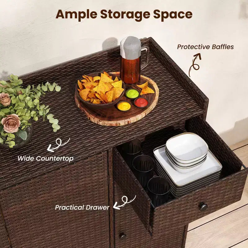 Outdoor PE Wicker Storage Cabinet with 3 Doors Adjustable Shelves and Drawer