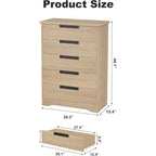 5 Drawer Dresser for Bedroom, Natural Chest of Drawers with Embedded Handles, Wooden Dresser Organizer for Living Room, Nursery, Hallway