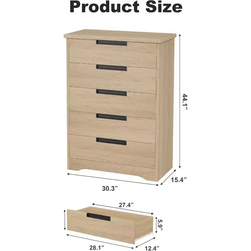 5 Drawer Dresser for Bedroom, Natural Chest of Drawers with Embedded Handles, Wooden Dresser Organizer for Living Room, Nursery, Hallway