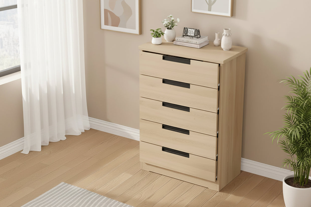5 Drawer Dresser for Bedroom, Natural Chest of Drawers with Embedded Handles, Wooden Dresser Organizer for Living Room, Nursery, Hallway
