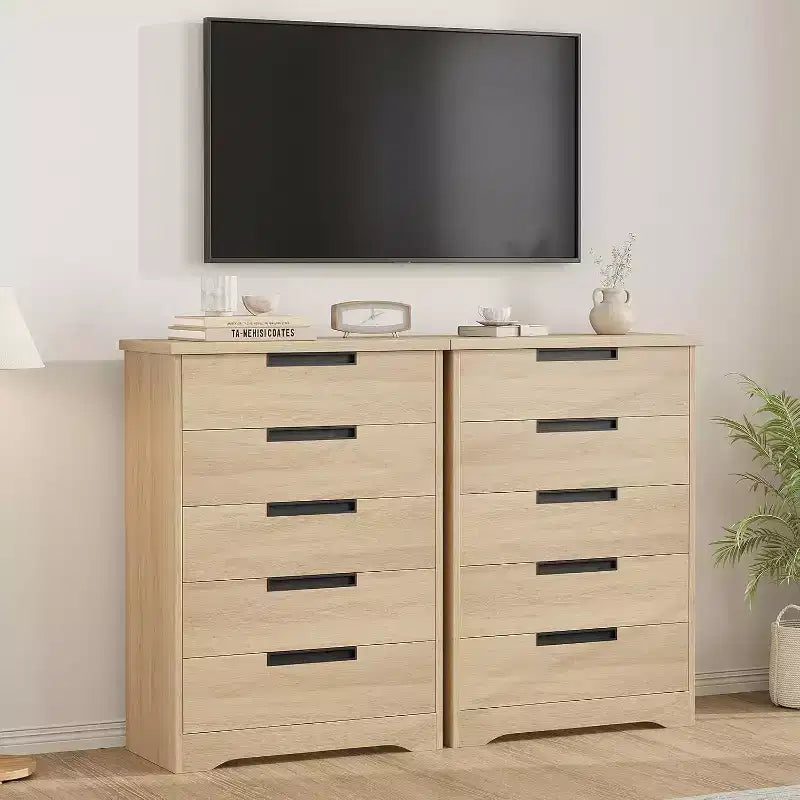5 Drawer Dresser for Bedroom, Natural Chest of Drawers with Embedded Handles, Wooden Dresser Organizer for Living Room, Nursery, Hallway