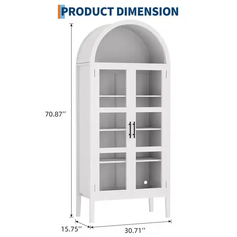 70 Tall Arched Kitchen Pantry Cabinet, Wooden Cupboard Storage Cabinet with Glass Doors & Adjustable Shelves, Freestanding Bookshelf Display Cabinet