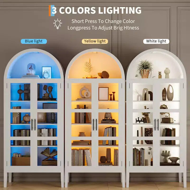 70 Tall Arched Kitchen Pantry Cabinet, Wooden Cupboard Storage Cabinet with Glass Doors & Adjustable Shelves, Freestanding Bookshelf Display Cabinet