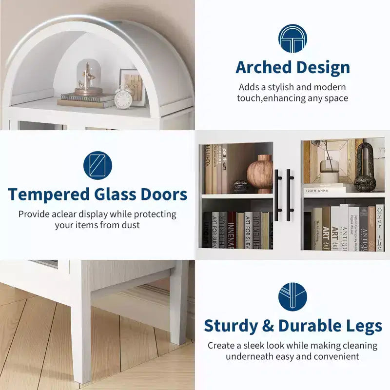 70 Tall Arched Kitchen Pantry Cabinet, Wooden Cupboard Storage Cabinet with Glass Doors & Adjustable Shelves, Freestanding Bookshelf Display Cabinet