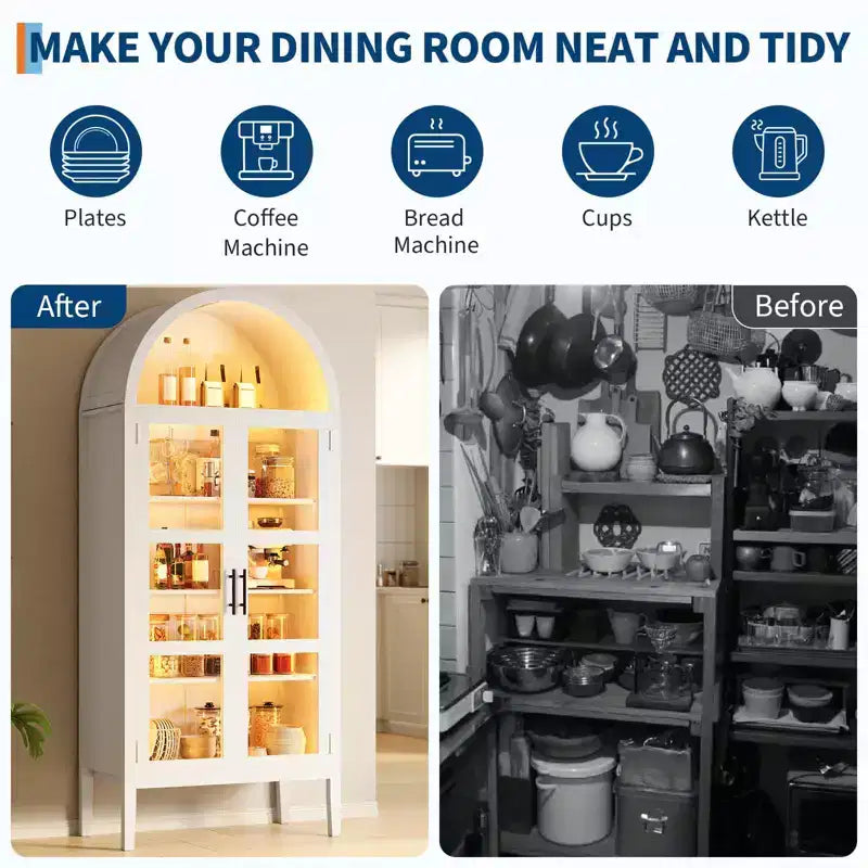 70 Tall Arched Kitchen Pantry Cabinet, Wooden Cupboard Storage Cabinet with Glass Doors & Adjustable Shelves, Freestanding Bookshelf Display Cabinet